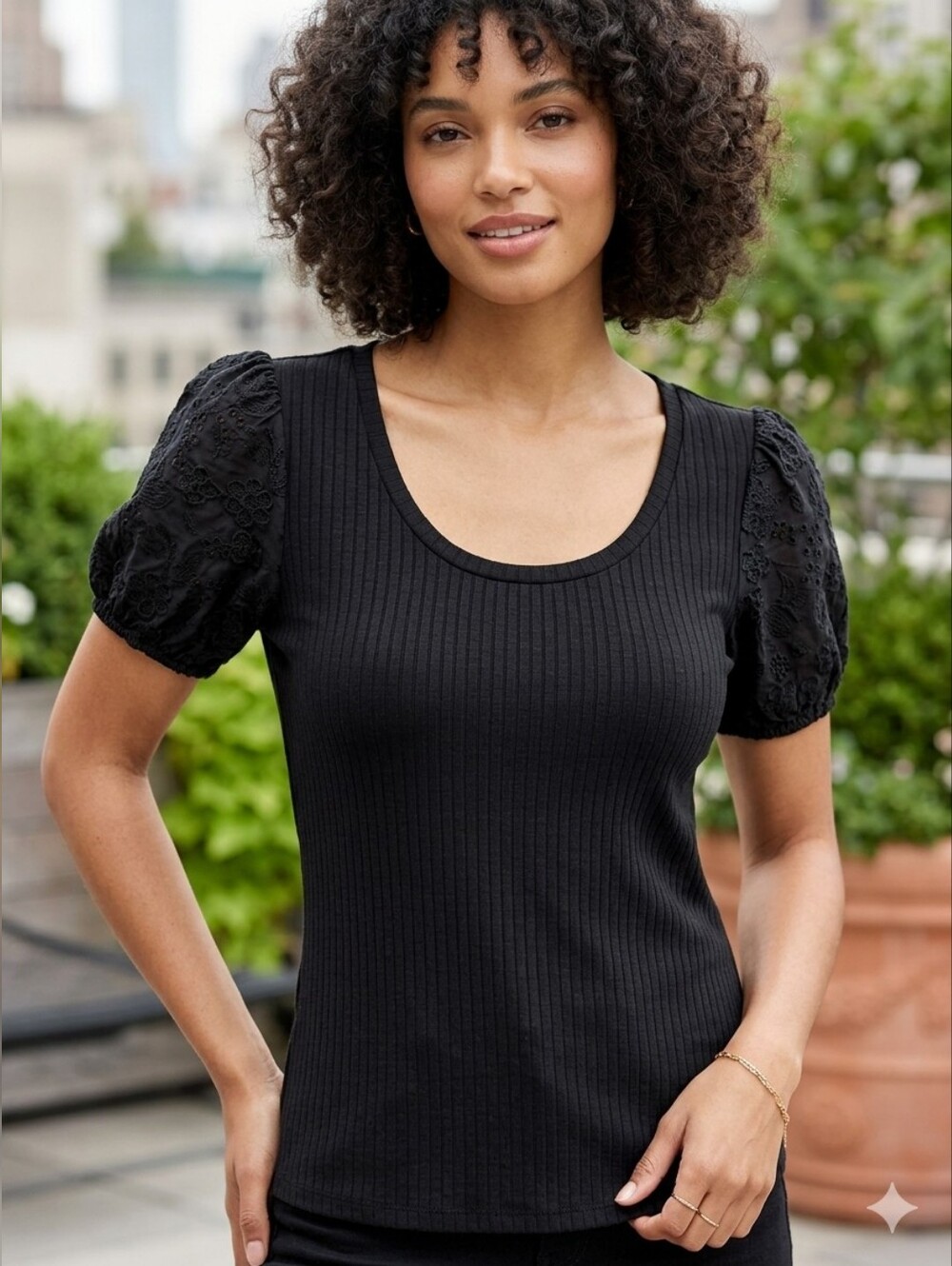 Rio & Rian Black Puff Sleeve Scoop Neck Top